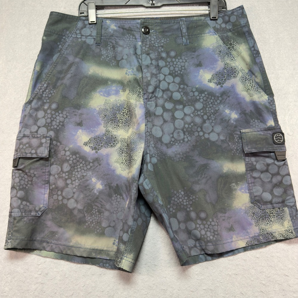 Fishworks Mens Blue Green Purple Abstract Bubble Scales 36x8 Cargo Board shorts